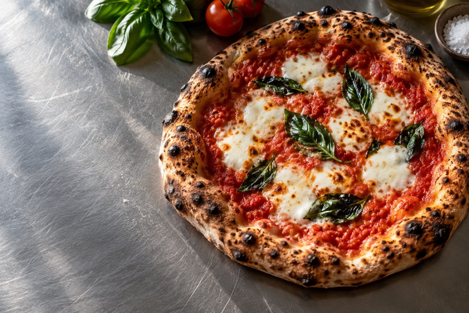A freshly baked margherita pizza with a blistered crust